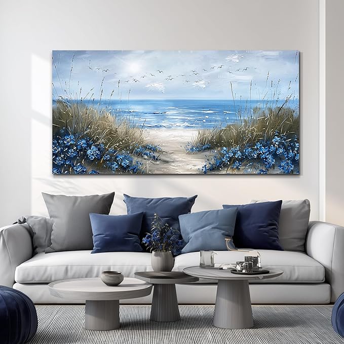 KELIYUAN Large Wall Decor For Living Room Canvas Wall Art For Office Bedroom Aesthetic Blue Ocean Sea Wave Wall Painting Artwork Pictures Modern Beach Posters Ready To Hang Home Decoration 30"x60"
