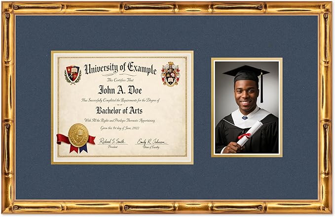 CountryArtHouse Fits 10 x 8 Professional License and 5 x 7 Photo Diploma and Photo Frame Gold Bamboo Genuine Hardwood with Navy Blue Over Metallic Gold Double mat