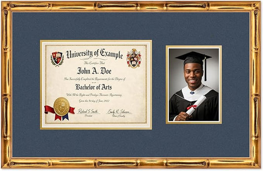 CountryArtHouse Fits 10 x 8 Professional License and 5 x 7 Photo Diploma and Photo Frame Gold Bamboo Genuine Hardwood with Navy Blue Over Metallic Gold Double mat