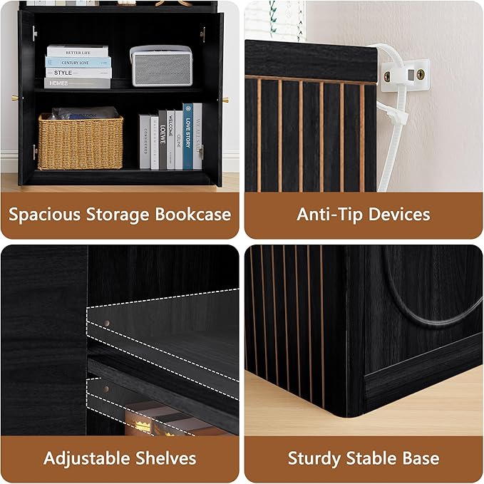 70" Tall Bookshelf, 5 Tier Large Wood Bookcase with Doors, Modern Floor Standing Bookshelves and Bookcases, Open Display Shelves with Storage Cabinet for Living Room, Bedroom, Classroom, Office, Black