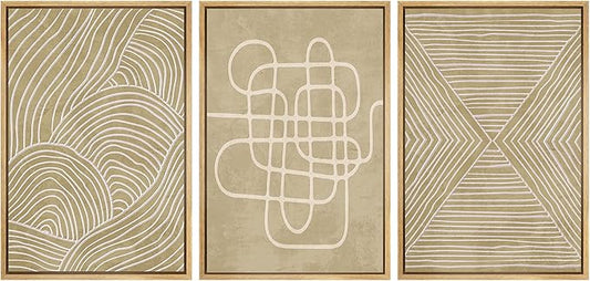 SIGNWIN Framed Canvas Print Wall Art Set Geometric Tan Line Art Collage Graffiti & Street Art Abstract Illustrations Modern Art Decorative Nordic for Living Room, Bedroom, Office - 24"x36"x3 Natural