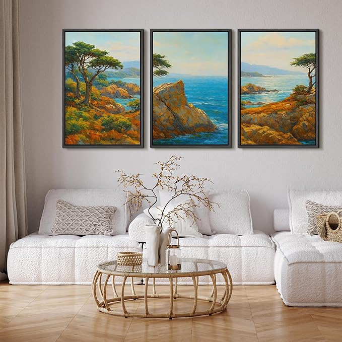 SIGNFORD Framed Wall Art Print Set Bright Coastal Cliffs and Ocean View Vibrant Seascape Digital Art Modern Art Contemporary for Living Room, Bedroom, Office - 24"x36"x3 Black