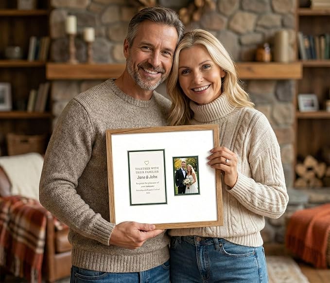 Poster Palooza Wedding Invitation Display Frame 10x11.25 in Natural With White and Black Double Mat for 4.25x5.5 A2 Keepsake | USA Made