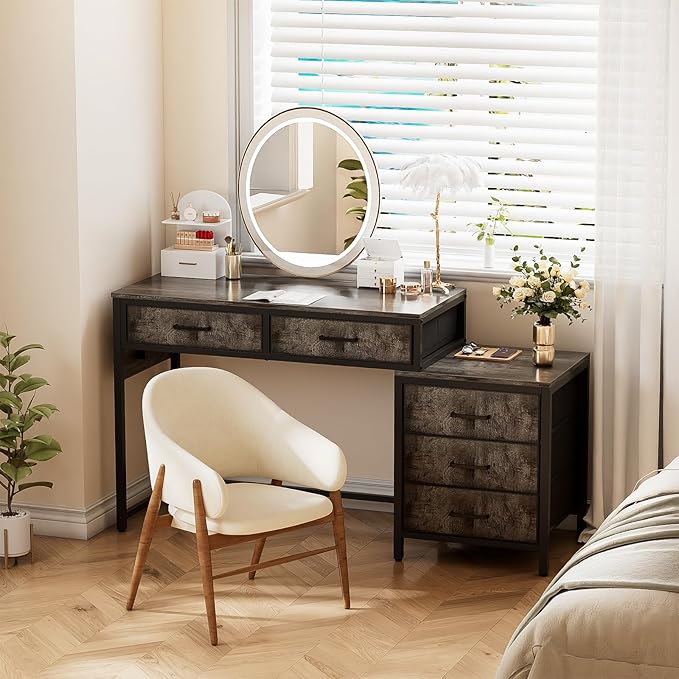 Unikito Computer Desk with 5 Drawers, Reversible Home Office Desk with Power Outlets, Sturdy Writing Desk with File Cabinet and Printer Stand, Vanity Desk with Storage for Small Space, Black Oak