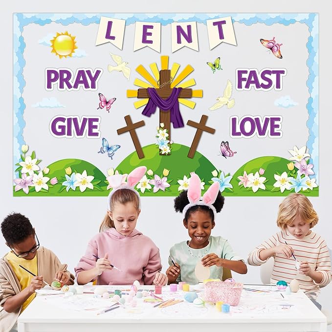 Lent Christian Bulletin Board Set Easter Religious Cross Classroom Decoration Lent Pray Fast Give Love Bulletin Board Lily Flower Cutouts for Sunday School Church Parish Catholic Chalkboard Wall Decor