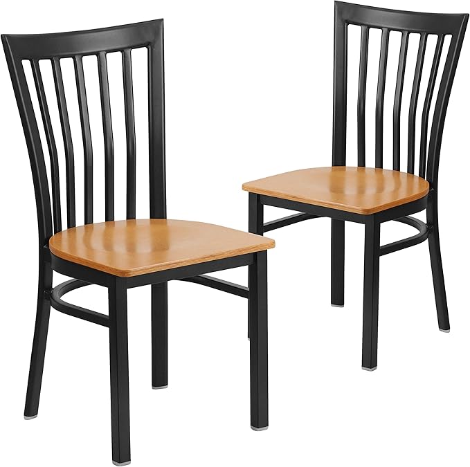 Flash Furniture 2 Pk. HERCULES Series Black School House Back Metal Restaurant Chair - Natural Wood Seat