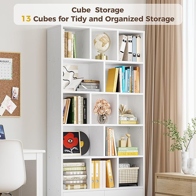 IRONCK 71" Tall Bookcases with 2 Doors, 6-Tier 13 Cubes Modern Bookshelf with Storage Shelves for Living Room Home Office, White