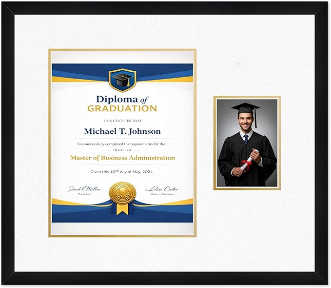 Diploma Frame With Photo Opening Matte Black Oyster Shell Over Gold Mat - Fits 11 x 14 Degree and Picture Made in the USA