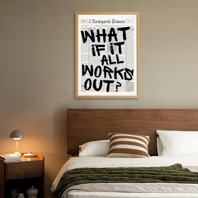 What If It All Works Out Wall Art Retro Black and White Newspaper Motivational Poster Positive Affirming Quote Minimalist Canvas Print for Bedroom Living Room Home Decor 24x36inch Wood Color Framed