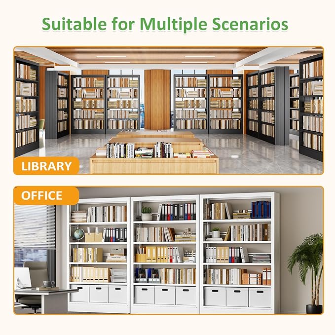 71 Tall Metal Bookshelf, White Bookcase Industrial, 5-Tier Bookshelf Storage with Adjustable Shelf, Modern Book Shelves Heavy Duty with Bookend for Home, Office, Library, Includes Book Stoppers
