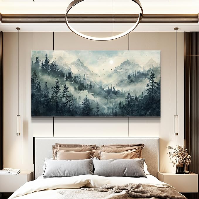 KELIYUAN Modern Large Canvas Print Wall Art Misty Forest Landscape Painting Home Decoration Natural Landscape Artwork Picture Living Room Bedroom Office Wall Decoration Ready To Hang 24x48 Inches
