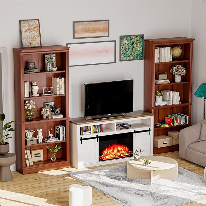 Shahoo 72" Bookcase and Bookshelf, 5-Tier Wood Bookcases with Shelves, Tall Floor Standing Book Shelf Storage Cabinet Home Decor Furniture for Living Room, Home Office, Cherry Brown, 1Pcs