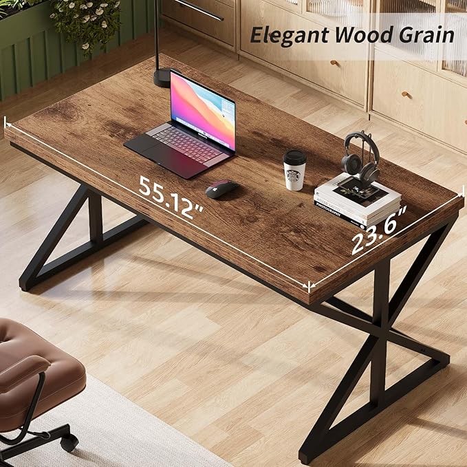 IBF 55” Rustic Computer Desk, Industrial Brown Home Office Desk, Wooden Metal Executive Pc Computer Desk Table, Wood Student Gaming Study Computer Table for Bedroom Living Room, Rustic Brown, 55 Inch