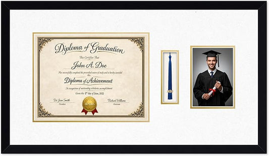 Diploma Tassel and Photo Frame Matte Black Shadowbox Oyster Shell Over Gold Mat - Fits 13 x 10 Degree Picture Made in the USA