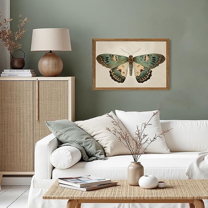 AVECCO Framed Vintage Butterfly Print on Canvas Wall Art, Rustic Farmhouse Wall Decor, Unique Funny Animal Art Prints for Bathroom Bedroom Living Room Office Home Decoration Ready to Hang 16x24 Inch