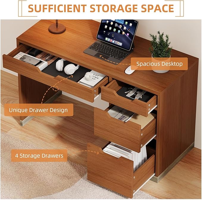 Small Computer Desk with Drawers, 48 Inch Home Office Desk with Storage for Bedroom, Wood Study Desk for Small Space, Writing, Brown