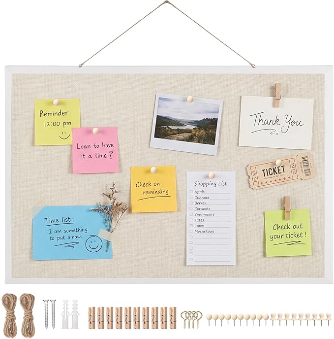 Cork Board with Linen, 24" x 18" Double-Sided Bulletin Board Corkboard for Wall Picture Display Framed Vision Boards for Home Office School Pin Boards with 20 Pushpins &10 Clips