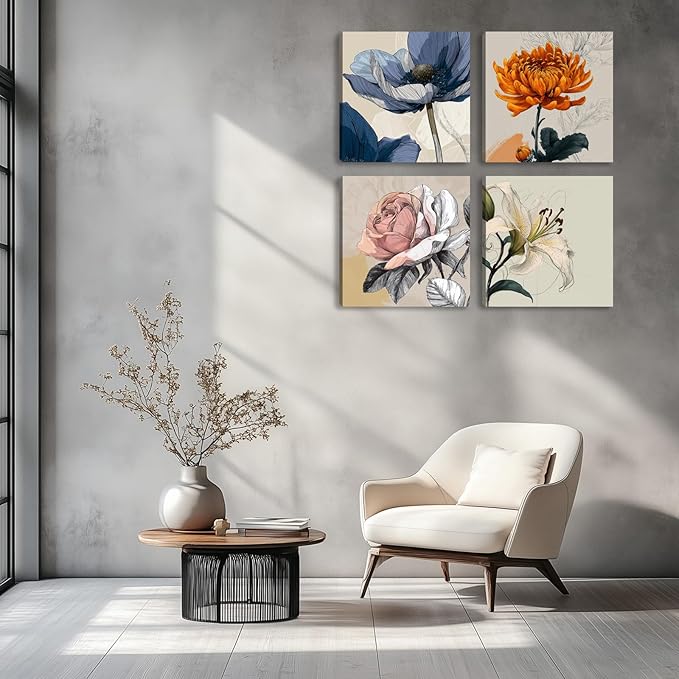 Framed Botanical Wall Art for Living Room Rustic Boho Floral Canvas Paintings Prints Flower Pictures for Farmhouse Hallway Bedroom Dining Room Bathroom Office Wall Decor ArtWork for Wall
