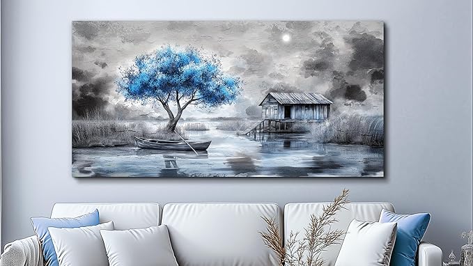 QIYILEXWART Large Wall Decor For Living Room Stretched And Framed Canvas Wall Art For Office Wall Decorations For Bedroom The Blue Tree Paintings The Hut Picture Artwork Home Decor Ready To Hang