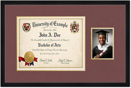 CountryArtHouse Fits 15 x 12 Military/Government and 5 x 7 Photo Diploma and Photo Frame Matte Black Genuine Hardwood with Dark Red Over Metallic Gold Double mat