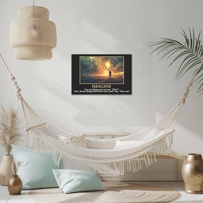UZMKM - Inspirational Wall Art, Black Background Motivational Mindset Imagine Picture, Quote Saying Canvas Print for Home Office Decor, Company Poster Framed Artwork for Office Wall Decor 24x36 Inch