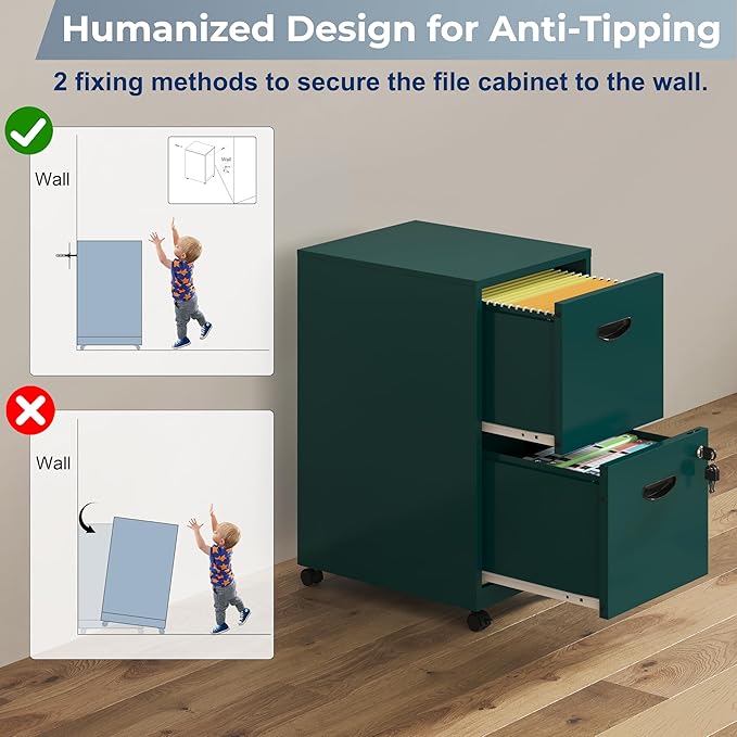 2 Drawer File Cabinet with Lock, Filing Cabinets with Wheels, Rolling File Cabinets for Home Office, Metal Office File Cabinet, Mobile Filing Cabinet for Holding Letters and File Boxes, Green