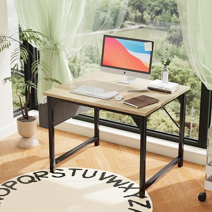 Furmax Computer Desk 32 Inch Small Office Desk with Storage Bag & Headphone Hook, Workstation for Home Office, Modern Writing Study Table (Oak)