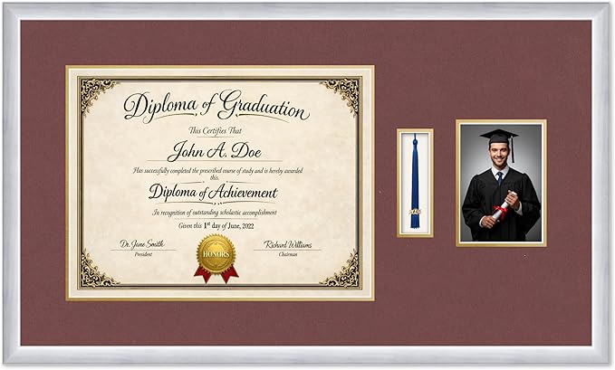 Diploma Tassel and Photo Frame Stainless Silver Shadowbox Dark Red Over Gold Mat - Fits 17 x 13 Degree Picture Made in the USA