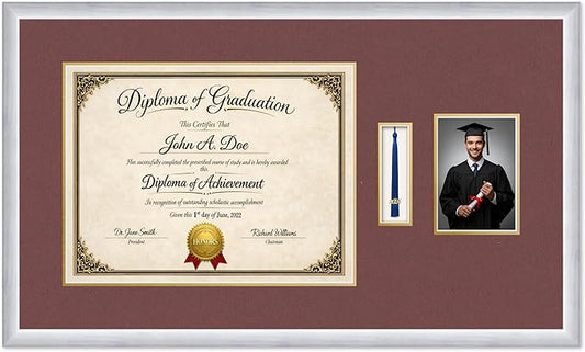 Diploma Tassel and Photo Frame Stainless Silver Shadowbox Dark Red Over Gold Mat - Fits 17 x 13 Degree Picture Made in the USA