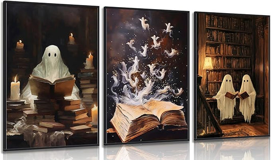 3Pcs Halloween Cute Vintage Ghost Wall Art Library Ghost Reading Books Painting Picturts Wall Decor Gothic Dark Academia Posters Print Artwork for Bedroom Living Room Home Decoration Unframed