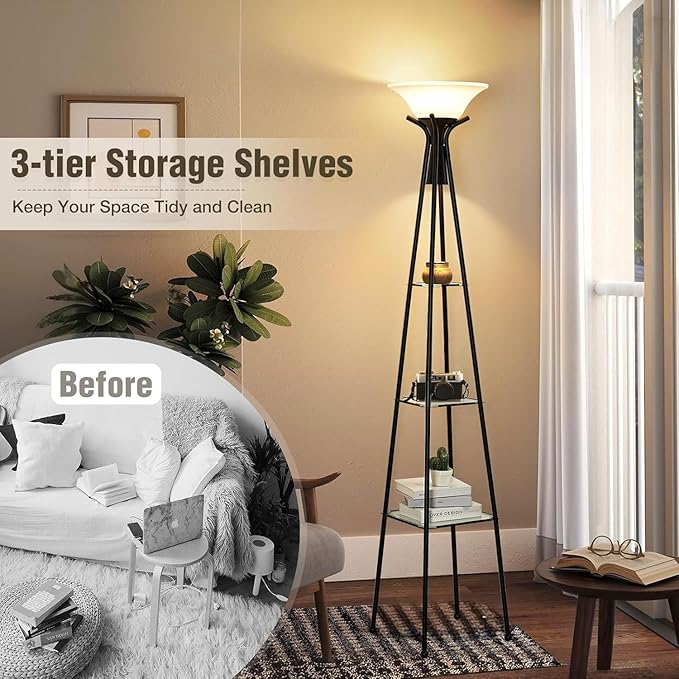 Floor Lamp with Shelves, 69” Tall Shelf Lamp with Remote Control, 3-Tier Glass Shelf Lamp, Dimmable Torchiere Floor Lamps for Living Room, Bedroom, Office, Adjustable Color Temperatures Bulbs Included