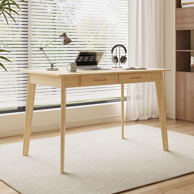 40 Inch Compact Computer Gaming Desk, Study Work Office Desk with 2 Storage Drawers, Rectangular Study Reading Table, Simple Computer Writing Table for Home Office, Living Room, Natural
