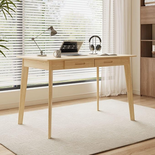 40 Inch Compact Computer Gaming Desk, Study Work Office Desk with 2 Storage Drawers, Rectangular Study Reading Table, Simple Computer Writing Table for Home Office, Living Room, Natural