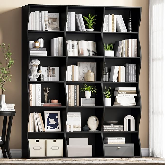 71" Triple Wide Bookshelf, 6 Tier Tall Bookcase with Storage, Large Book Shelves with 18 Open Display Shelves, Black Bookcase for Living Room, Study, Home Office, Library (Black)