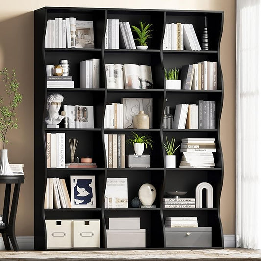 71" Triple Wide Bookshelf, 6 Tier Tall Bookcase with Storage, Large Book Shelves with 18 Open Display Shelves, Black Bookcase for Living Room, Study, Home Office, Library (Black)