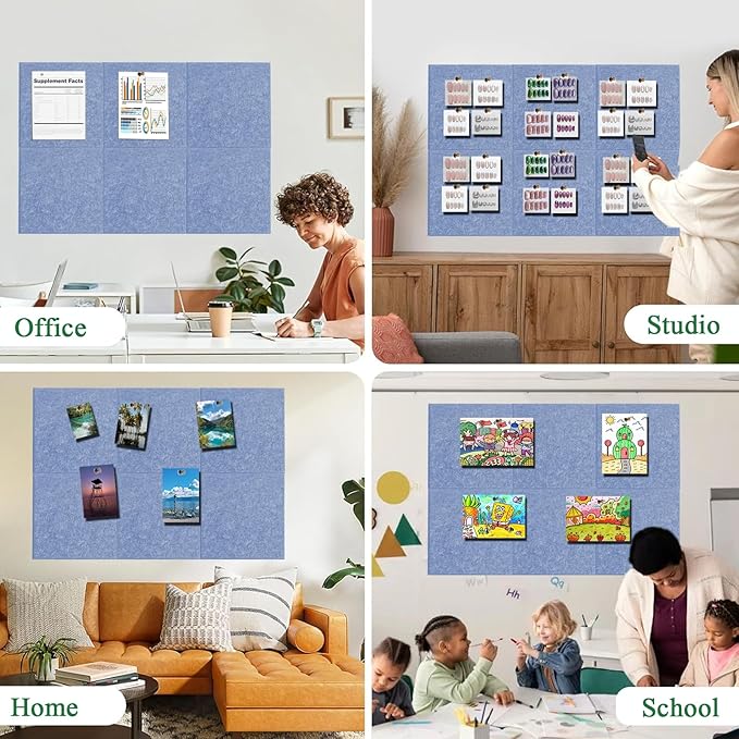 Light Blue Bulletin Board 36" x 24", Cute Cork Boards for Walls, 6 Pack 12" x 12" Felt Tiles with 30 Colored Pushpins, Christmas Decorations Board for Office, School, Bedroom