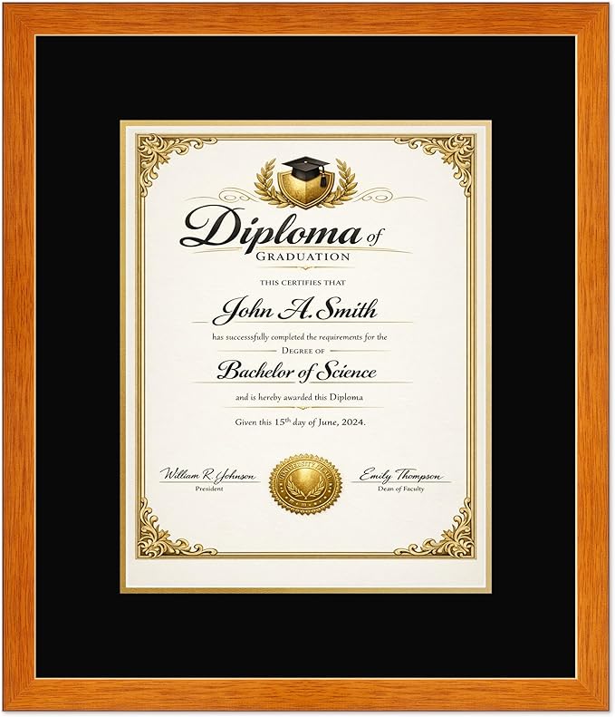 CountryArtHouse Diploma Frame Fits 11 x 14 College Diploma (Portrait) - Keepsake Graduation Display Honey Oak Genuine Hardwood with Black Over Metallic Gold Double mat