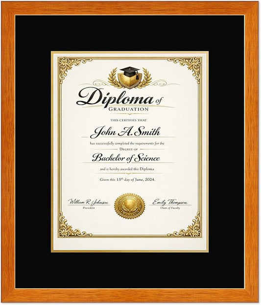 CountryArtHouse Diploma Frame Fits 11 x 14 College Diploma (Portrait) - Keepsake Graduation Display Honey Oak Genuine Hardwood with Black Over Metallic Gold Double mat