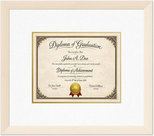 Diploma Frame Coastal Whitewash with Oyster Shell Over Gold Double Mat - Fits 10 x 8 Professional License Wall Display Made in the USA