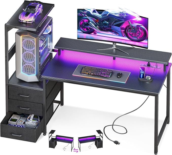 AODK 52 Inch Gaming Desk with USB Charging Ports & LED Light- Reversible Computer Desk with Storage Shelves & Monitor Stand, Modern Gamer Desk Table with Fabric Drawers & Side Hook, Carbon Fiber Black