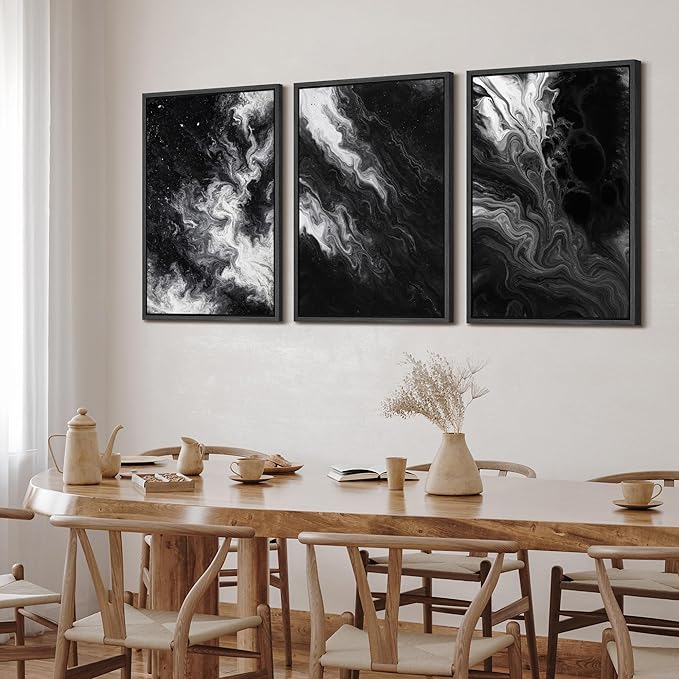 SIGNFORD Framed Wall Art Print Set Black and White Marble Abstract Modern Fluid Digital Art Modern Art Contemporary for Living Room, Bedroom, Office - 24"x36"x3 Black