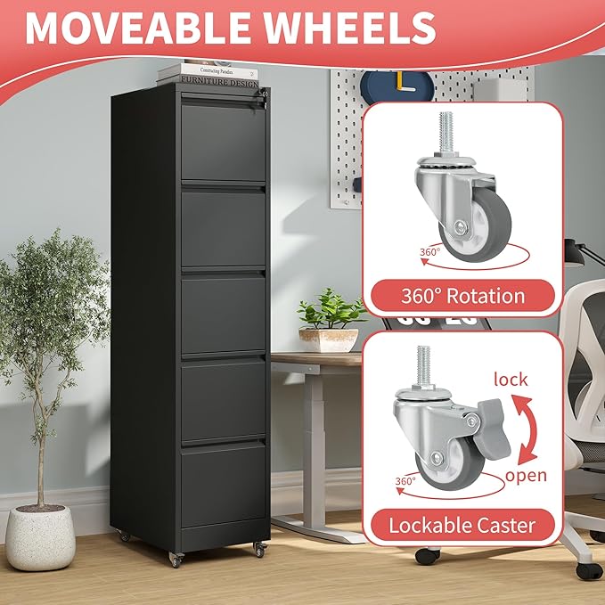 5 Drawer File Cabinet with Wheels,Metal Mobile Filing Cabinets with Lock,Black Vertical File Cabinet for Home Office,Heavy Duty Storage Cabinet for A4/Letter/Legal Size File,Assembly Required