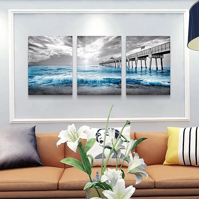 Lapremoly Black And White Beach Wall Paintings Wall Decorations For Living Room Large Canvas Wall Art For Bedroom Office Wall Decor Sea Wave Pictures Prints Artwork Modern Frame Home Decor 3 Piece