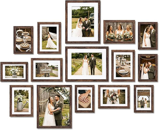 Fixwal Picture Frames Set, Gallery Wall Frame Set Picture Frames Collage 15 Pack for Wall or Tabletop with 8x10 5x7 4x6 Frames, Rustic Brown