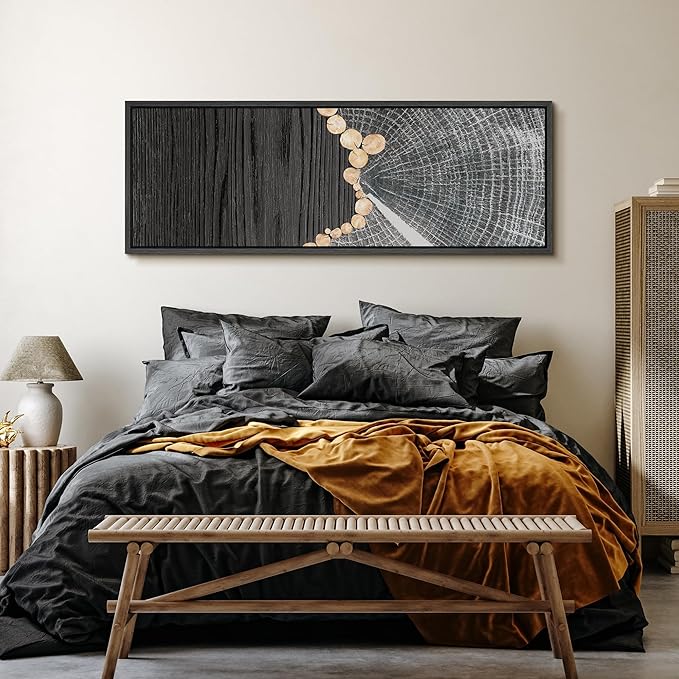 SIGNFORD Large Framed Canvas Black Wood and Tree Ring Abstract Illustrations Modern Art Warm for Living Room, Bedroom, Office - 60"x20"