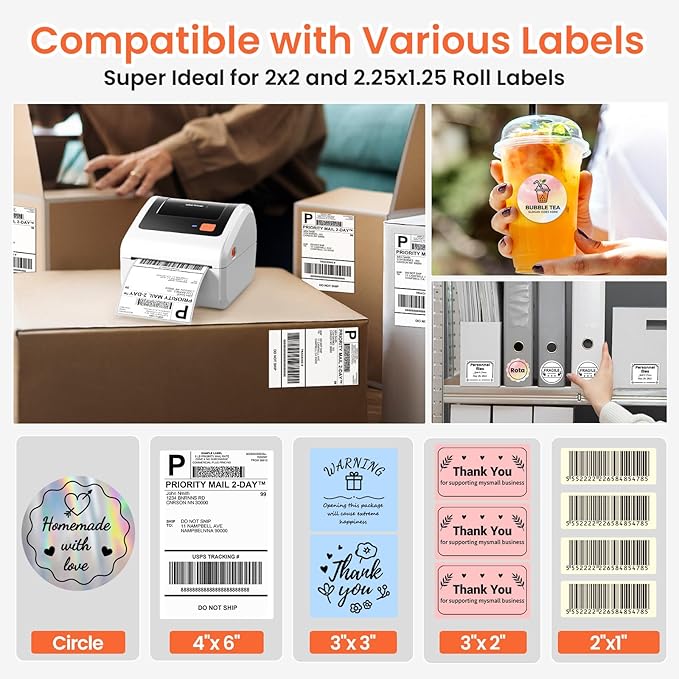 Bluetooth Shipping Label Printer with 3 Roll Labels, D450BT White Thermal Label Printer 4x6 for Small Business, Thermal Printers Come with 750PCS 4x6‬ White Labels (250 Labels/Roll)