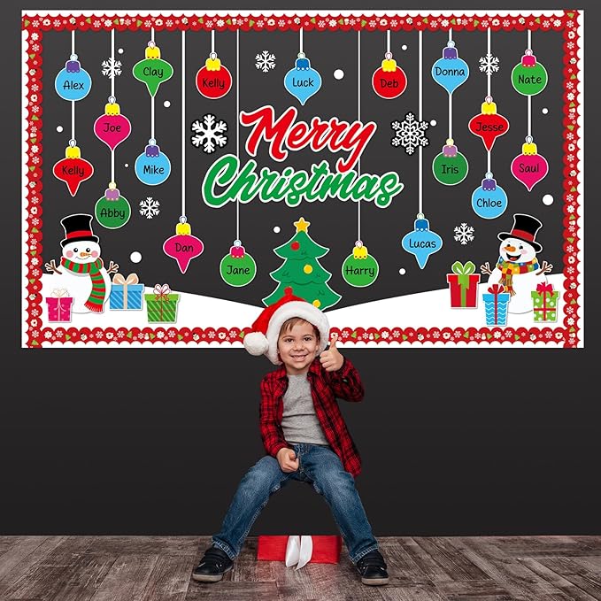 Christmas Bulletin Board Decorations Set Xmas Tree Snowman Snowflakes Ball Name Tag Cutouts Classroom Decor for Winter Holiday School Wall Decoration Supplies