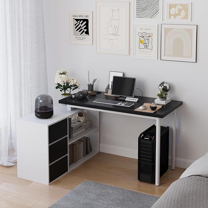 L Shape Small Desk - Computer Corner Desk with 3 Drawers and 2 Shelves, 53 inch Home Office Table with Storage Cabinet for Gaming Writing Study, White+Black