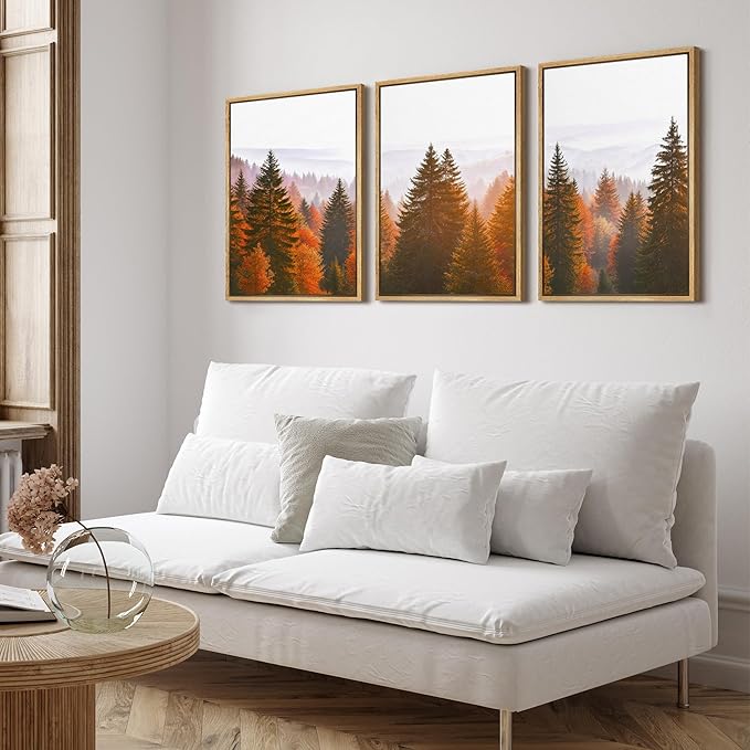 SIGNFORD Framed Wall Art Print Set Golden Autumn Forest Warm Sunrise Landscape Digital Art Modern Art Contemporary for Living Room, Bedroom, Office - 24"x36"x3 Natural