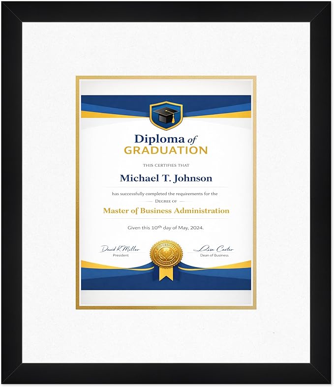 Diploma Frame Matte Black with Oyster Shell Over Gold Double Mat - Fits 8.5 x 11 Certificate (Portrait) Wall Display Made in the USA
